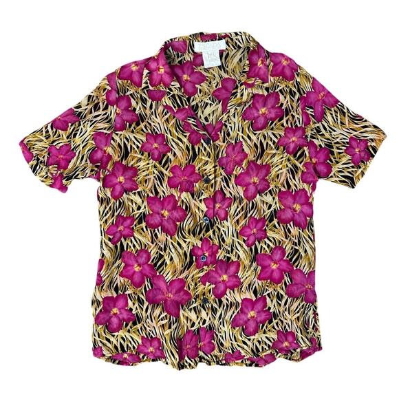 Escada Blouse Large Vintage Silk Pink Hibiscus Tropical Floral Short Sleeve - Picture 5 of 7